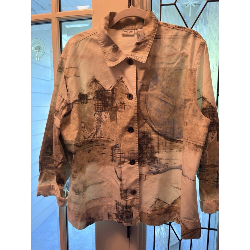 CHICO'S Size 3  Cotton‎ Lightweight Chino Jacket Blazer Tan/Beige 100%  Boho